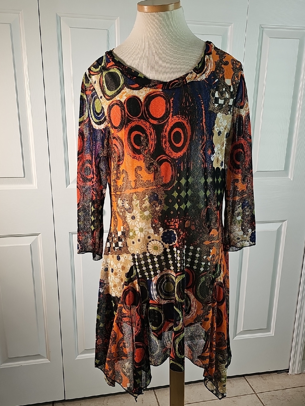 Abstract Geometric Tunic Womens Size L Multi Color Mesh Art Wear Sz XL